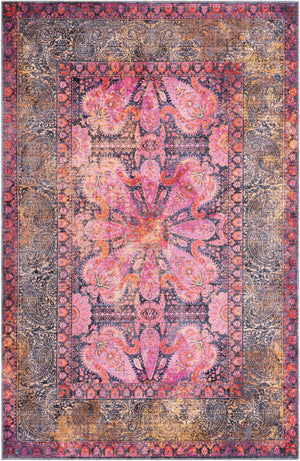 Washable Pink 6' 1 x 9' Mangata Rectangle Area Rug Easy to Clean Stain Resistant & Durable Chenille Traditional Vintage Distressed Carpet for Sale at Rug Engine
