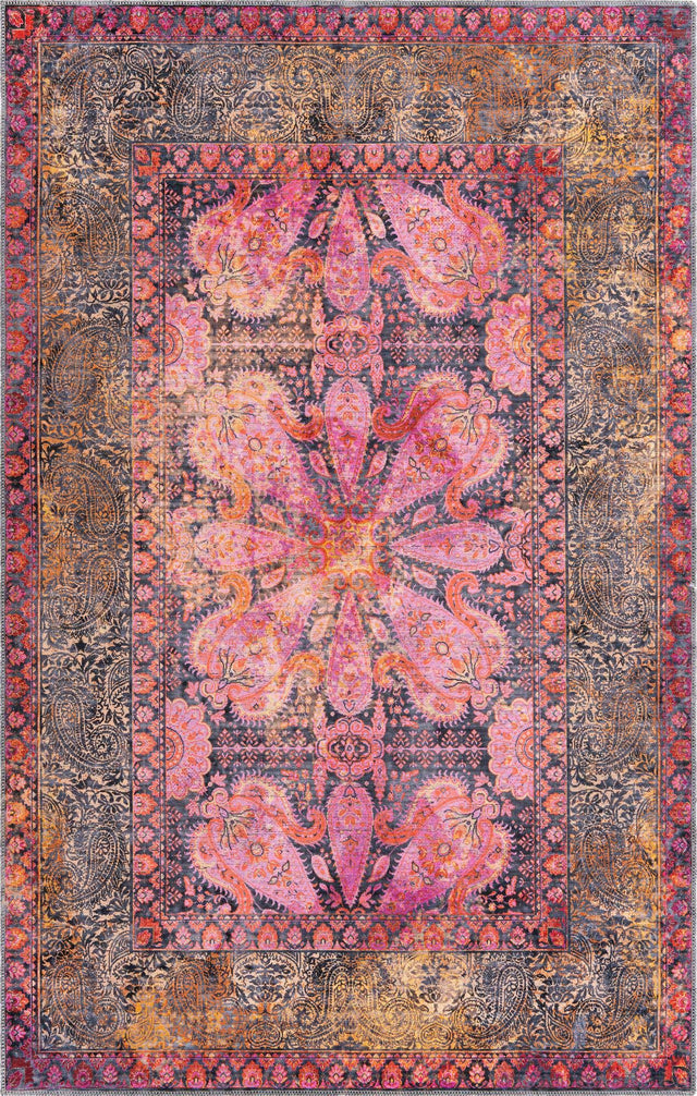 Washable Pink 5' 3 x 8' Mangata Rectangle Area Rug Easy to Clean Stain Resistant & Durable Chenille Traditional Vintage Distressed Carpet for Sale at Rug Engine