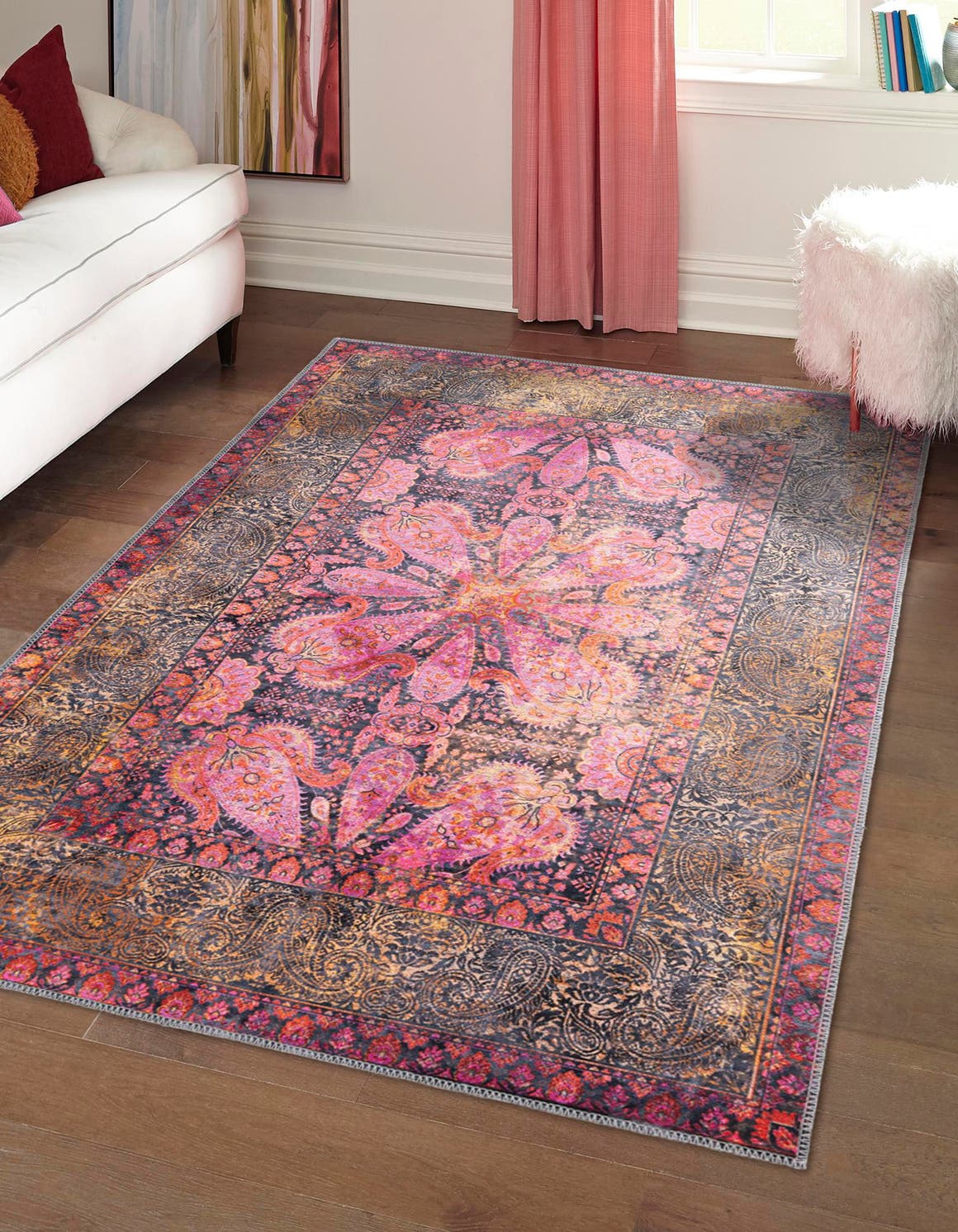 Washable Pink 7' 10 x 10' Mangata Rectangle Area Rug Easy to Clean Stain Resistant & Durable Chenille Traditional Vintage Distressed Carpet for Sale at Rug Engine