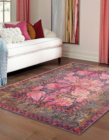Washable Pink 5' 3 x 8' Mangata Rectangle Area Rug Easy to Clean Stain Resistant & Durable Chenille Traditional Vintage Distressed Carpet for Sale at Rug Engine
