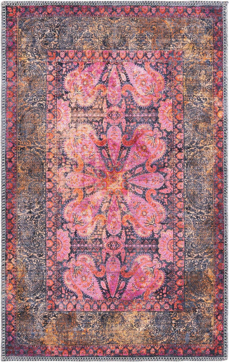 Washable Pink 2' x 3' 1 Mangata Rectangle Area Rug Easy to Clean Stain Resistant & Durable Chenille Traditional Vintage Distressed Carpet for Sale at Rug Engine