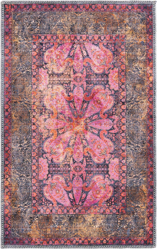 Washable Pink 2' x 3' 1 Mangata Rectangle Area Rug Easy to Clean Stain Resistant & Durable Chenille Traditional Vintage Distressed Carpet for Sale at Rug Engine