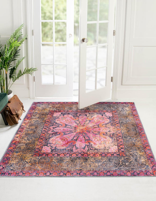 Washable Pink 5' 3 x 5' 3 Mangata Square Area Rug Easy to Clean Stain Resistant & Durable Chenille Traditional Vintage Distressed Carpet for Sale at Rug Engine