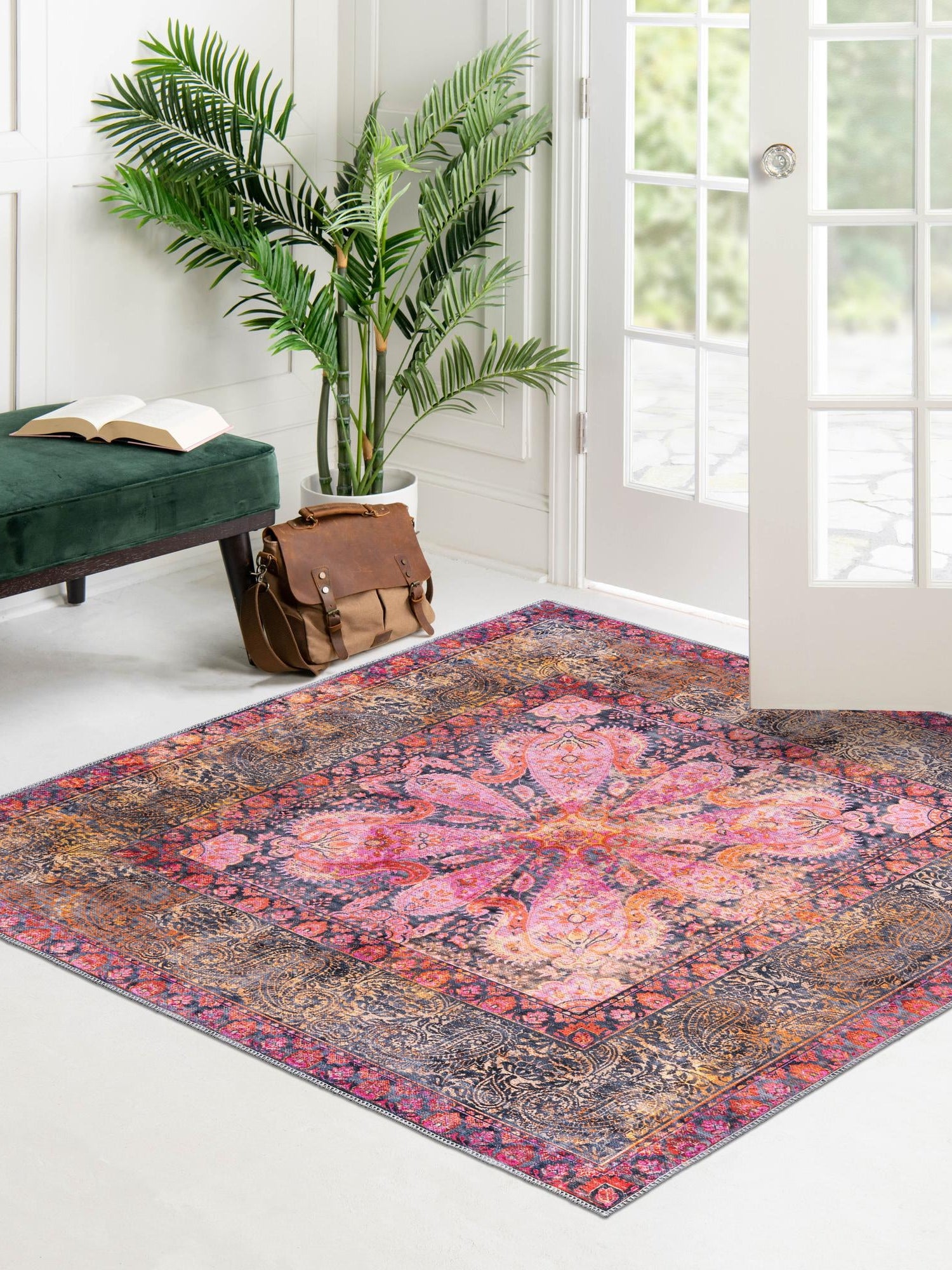 Washable Pink 7' 10 x 7' 10 Mangata Square Area Rug Easy to Clean Stain Resistant & Durable Chenille Traditional Vintage Distressed Carpet for Sale at Rug Engine
