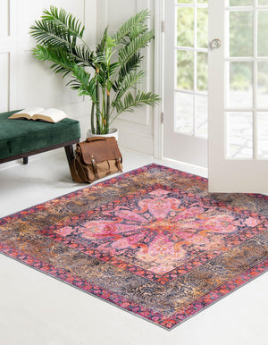 Washable Pink 7' 10 x 7' 10 Mangata Square Area Rug Easy to Clean Stain Resistant & Durable Chenille Traditional Vintage Distressed Carpet for Sale at Rug Engine