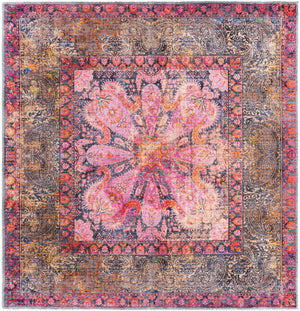 Washable Pink 5' 3 x 5' 3 Mangata Square Area Rug Easy to Clean Stain Resistant & Durable Chenille Traditional Vintage Distressed Carpet for Sale at Rug Engine