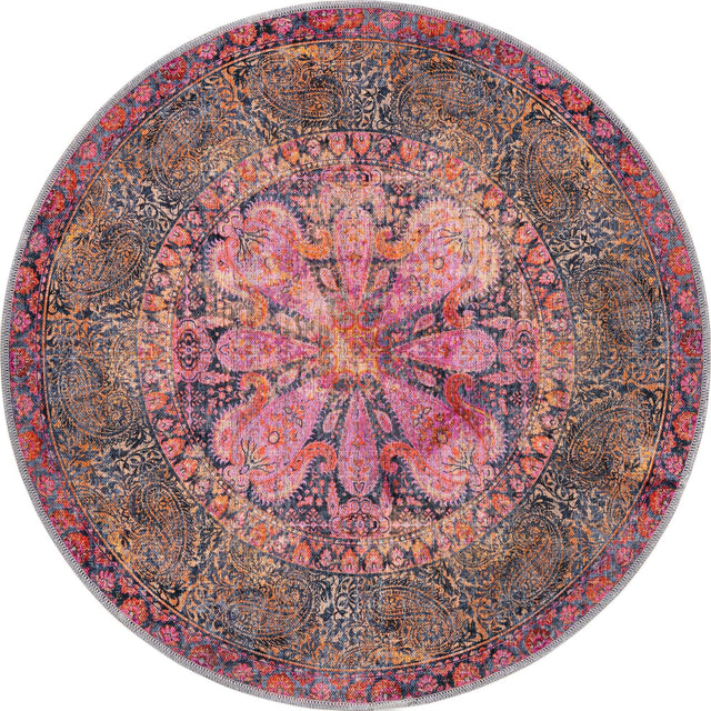 Washable Pink 4' 1 x 4' 1 Mangata Round Area Rug Easy to Clean Stain Resistant & Durable Chenille Traditional Vintage Distressed Carpet for Sale at Rug Engine