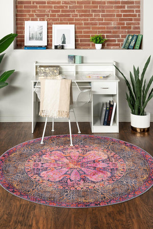 Washable Pink 5' 3 x 5' 3 Mangata Round Area Rug Easy to Clean Stain Resistant & Durable Chenille Traditional Vintage Distressed Carpet for Sale at Rug Engine