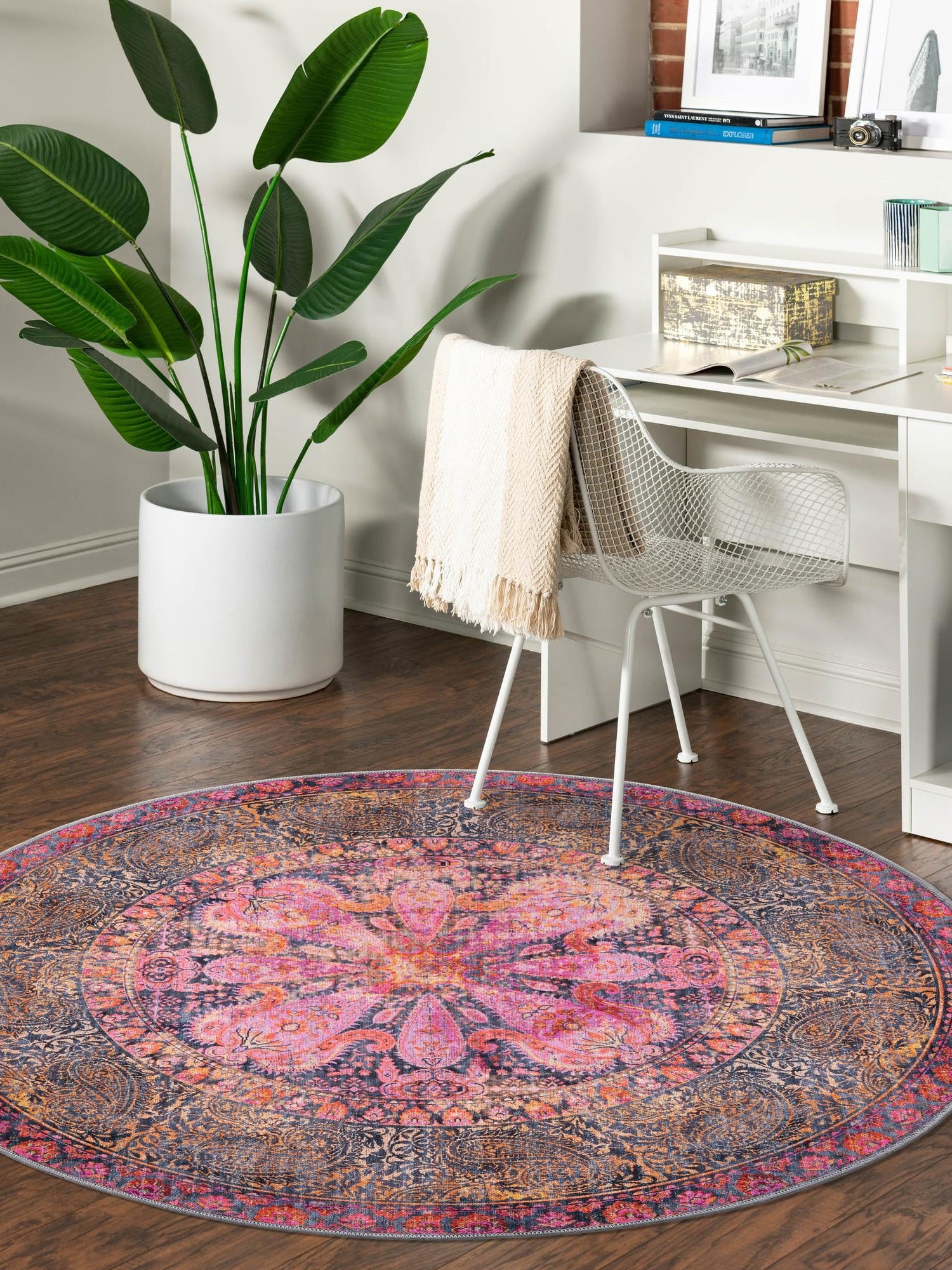 Washable Pink 5' 3 x 5' 3 Mangata Round Area Rug Easy to Clean Stain Resistant & Durable Chenille Traditional Vintage Distressed Carpet for Sale at Rug Engine