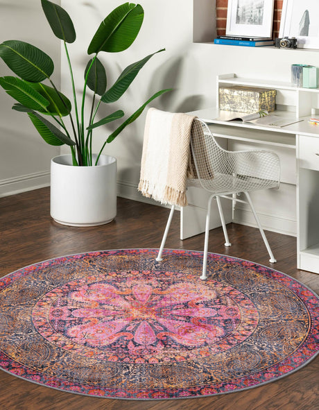 Washable Pink 5' 3 x 5' 3 Mangata Round Area Rug Easy to Clean Stain Resistant & Durable Chenille Traditional Vintage Distressed Carpet for Sale at Rug Engine