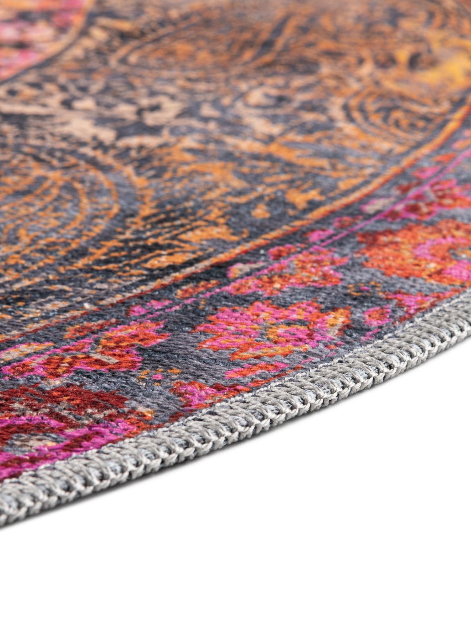Washable Pink 5' 3 x 5' 3 Mangata Round Area Rug Easy to Clean Stain Resistant & Durable Chenille Traditional Vintage Distressed Carpet for Sale at Rug Engine