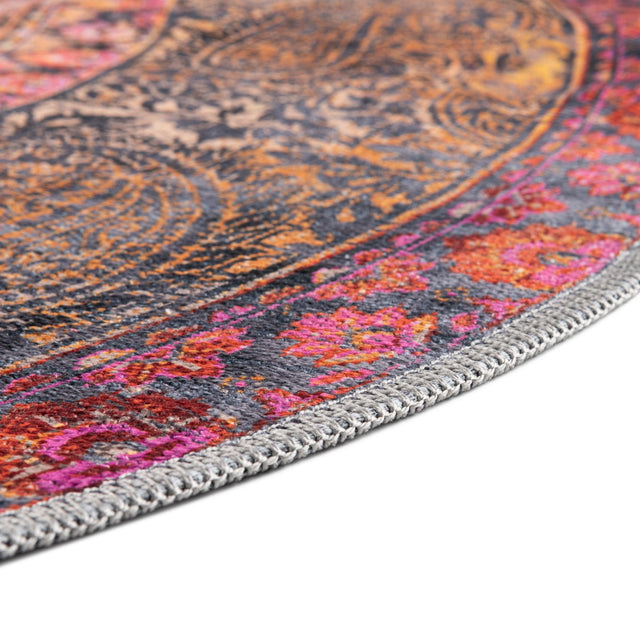 Washable Pink 5' 3 x 5' 3 Mangata Round Area Rug Easy to Clean Stain Resistant & Durable Chenille Traditional Vintage Distressed Carpet for Sale at Rug Engine