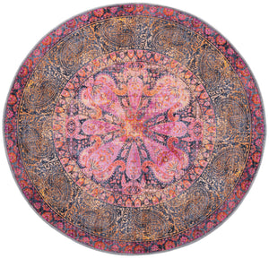 Washable Pink 5' 3 x 5' 3 Mangata Round Area Rug Easy to Clean Stain Resistant & Durable Chenille Traditional Vintage Distressed Carpet for Sale at Rug Engine