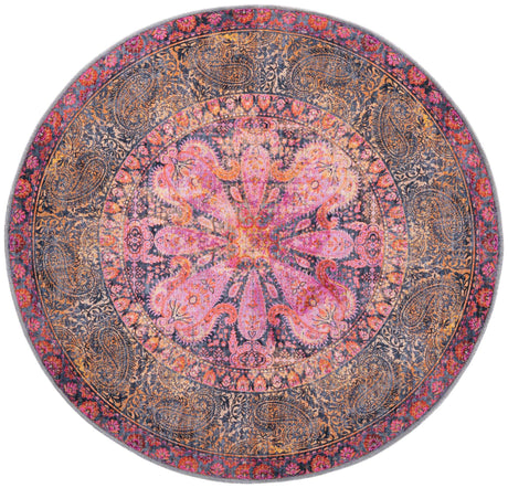 Washable Pink 5' 3 x 5' 3 Mangata Round Area Rug Easy to Clean Stain Resistant & Durable Chenille Traditional Vintage Distressed Carpet for Sale at Rug Engine