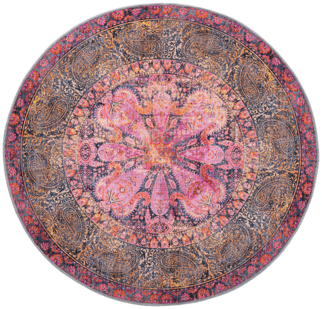 Washable Pink 5' 3 x 5' 3 Mangata Round Area Rug Easy to Clean Stain Resistant & Durable Chenille Traditional Vintage Distressed Carpet for Sale at Rug Engine