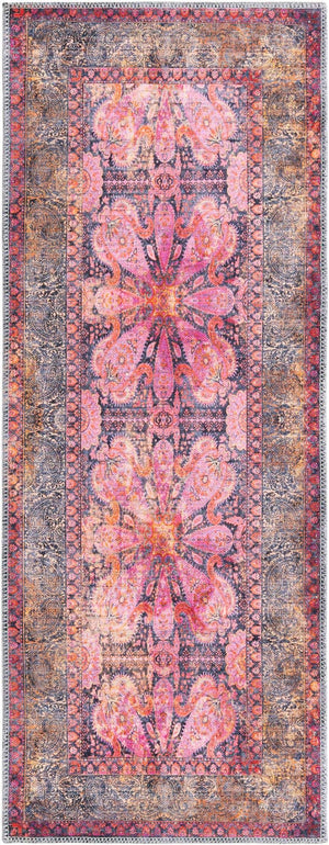 Washable Pink 2' x 5' 1 Mangata Runner Area Rug Easy to Clean Stain Resistant & Durable Chenille Traditional Vintage Distressed Carpet for Sale at Rug Engine