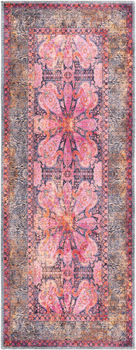 Washable Pink 2' x 5' 1 Mangata Runner Area Rug Easy to Clean Stain Resistant & Durable Chenille Traditional Vintage Distressed Carpet for Sale at Rug Engine