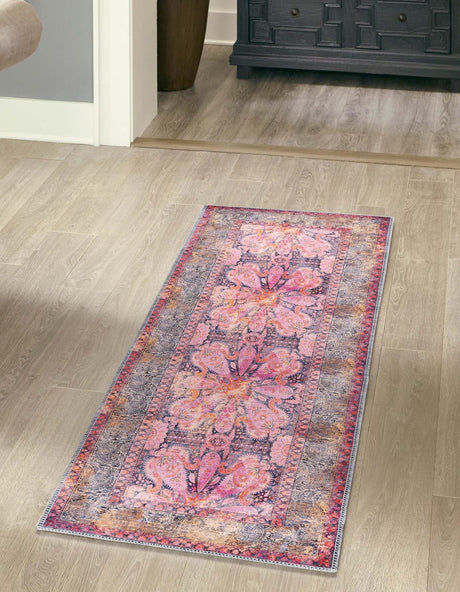 Washable Pink 2' x 6' 1 Mangata Runner Area Rug Easy to Clean Stain Resistant & Durable Chenille Traditional Vintage Distressed Carpet for Sale at Rug Engine