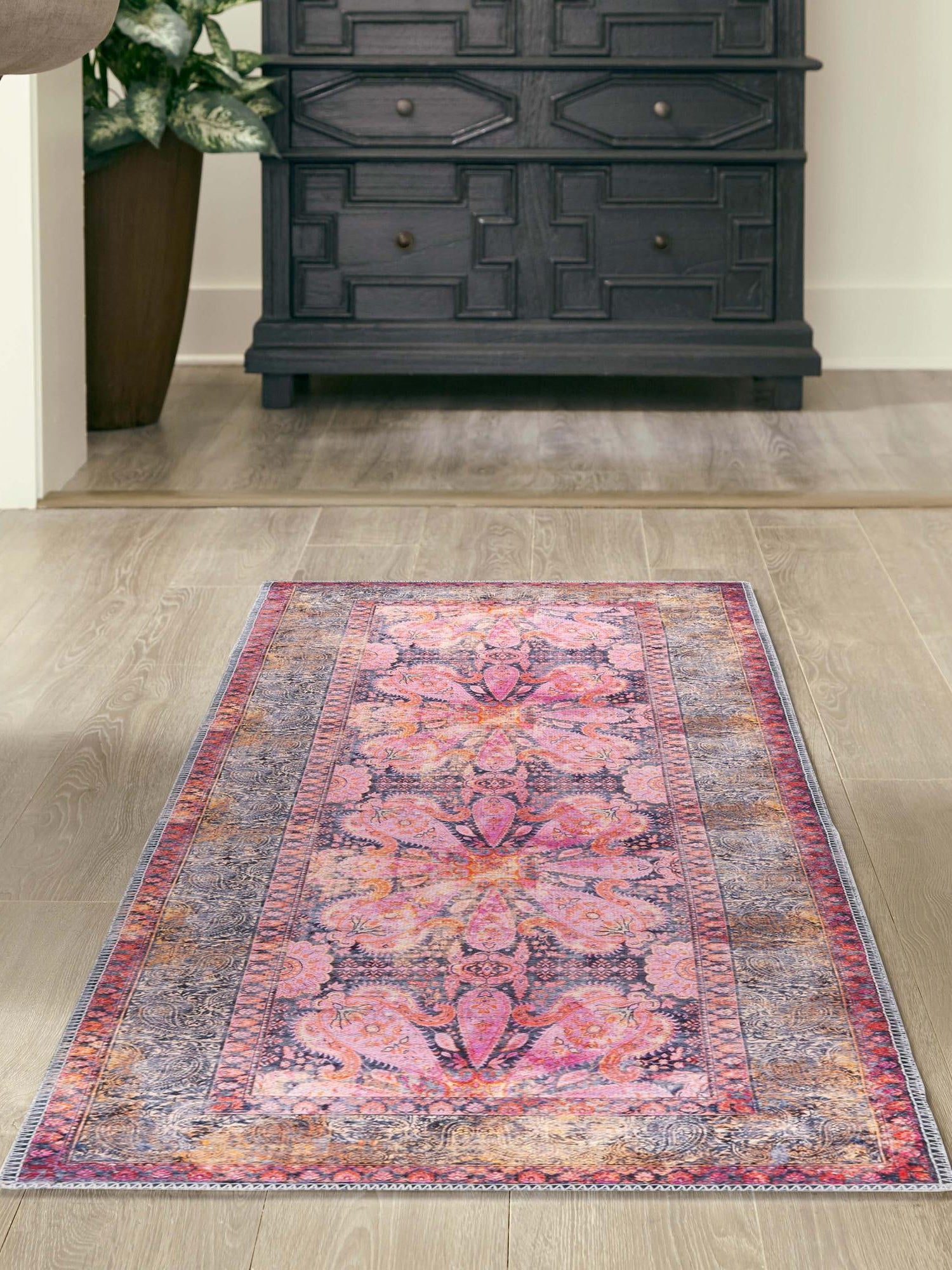 Washable Pink 2' x 8' Mangata Runner Area Rug Easy to Clean Stain Resistant & Durable Chenille Traditional Vintage Distressed Carpet for Sale at Rug Engine
