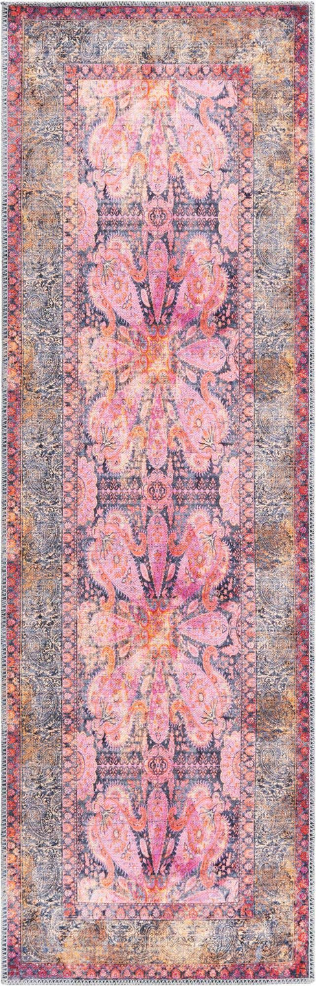 Washable Pink 2' x 6' 1 Mangata Runner Area Rug Easy to Clean Stain Resistant & Durable Chenille Traditional Vintage Distressed Carpet for Sale at Rug Engine