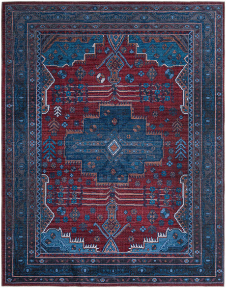 Washable Red and Blue 10' 6 x 13' Mangata Rectangle Area Rug Easy to Clean Stain Resistant & Durable Chenille Traditional Vintage Distressed Carpet for Sale at Rug Engine