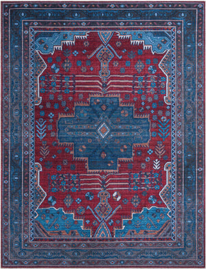 Washable Red and Blue 9' 2 x 12' Mangata Washable Rectangle Area Rug Easy to Clean Stain Resistant & Durable Chenille Traditional Vintage Distressed Carpet for Sale at Rug Engine