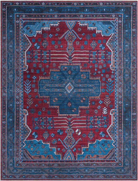 Washable Red and Blue 9' 2 x 12' Mangata Washable Rectangle Area Rug Easy to Clean Stain Resistant & Durable Chenille Traditional Vintage Distressed Carpet for Sale at Rug Engine