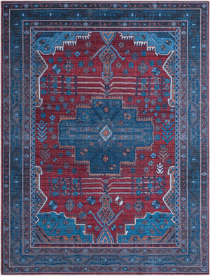 Washable Red and Blue 7' 10 x 10' Mangata Rectangle Area Rug Easy to Clean Stain Resistant & Durable Chenille Traditional Vintage Distressed Carpet for Sale at Rug Engine