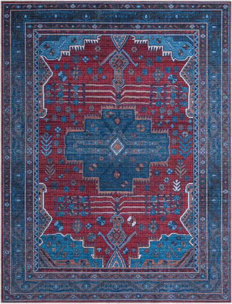 Washable Red and Blue 7' 10 x 10' Mangata Rectangle Area Rug Easy to Clean Stain Resistant & Durable Chenille Traditional Vintage Distressed Carpet for Sale at Rug Engine
