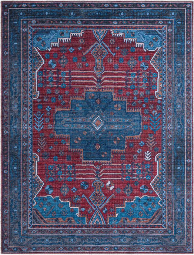 Washable Red and Blue 7' 10 x 10' Mangata Rectangle Area Rug Easy to Clean Stain Resistant & Durable Chenille Traditional Vintage Distressed Carpet for Sale at Rug Engine