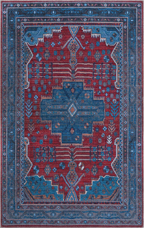 Washable Red and Blue 5' 3 x 8' Mangata Washable Rectangle Area Rug Easy to Clean Stain Resistant & Durable Chenille Traditional Vintage Distressed Carpet for Sale at Rug Engine