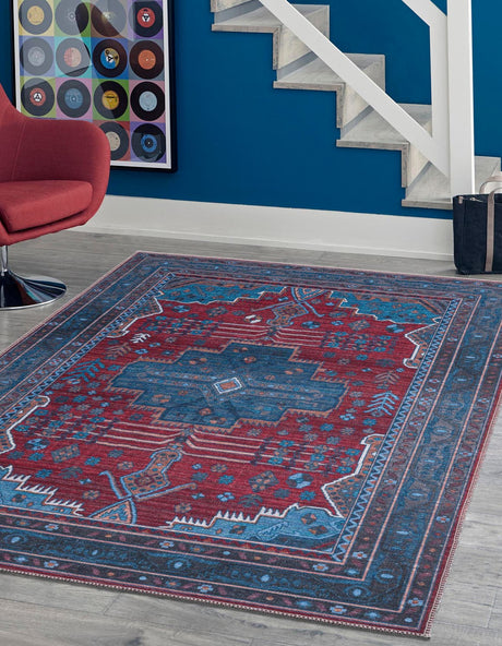 Washable Red and Blue 10' 6 x 13' Mangata Rectangle Area Rug Easy to Clean Stain Resistant & Durable Chenille Traditional Vintage Distressed Carpet for Sale at Rug Engine