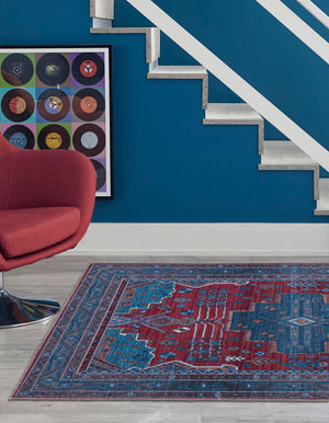Washable Red and Blue 7' 10 x 10' Mangata Rectangle Area Rug Easy to Clean Stain Resistant & Durable Chenille Traditional Vintage Distressed Carpet for Sale at Rug Engine
