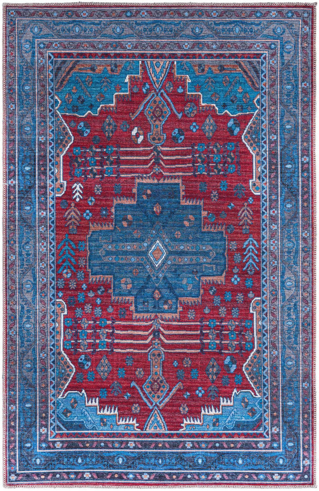 Washable Red and Blue 4' x 6' Mangata Washable Rectangle Area Rug Easy to Clean Stain Resistant & Durable Chenille Traditional Vintage Distressed Carpet for Sale at Rug Engine