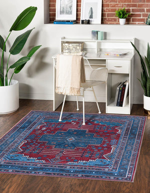 Washable Red and Blue 5' 3 x 5' 3 Mangata Washable Square Area Rug Easy to Clean Stain Resistant & Durable Chenille Traditional Vintage Distressed Carpet for Sale at Rug Engine