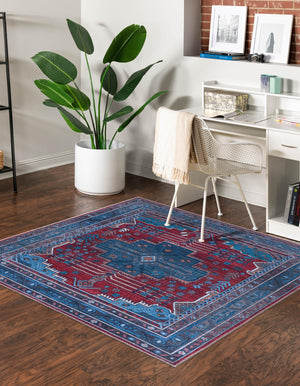 Washable Red and Blue 5' 3 x 5' 3 Mangata Washable Square Area Rug Easy to Clean Stain Resistant & Durable Chenille Traditional Vintage Distressed Carpet for Sale at Rug Engine