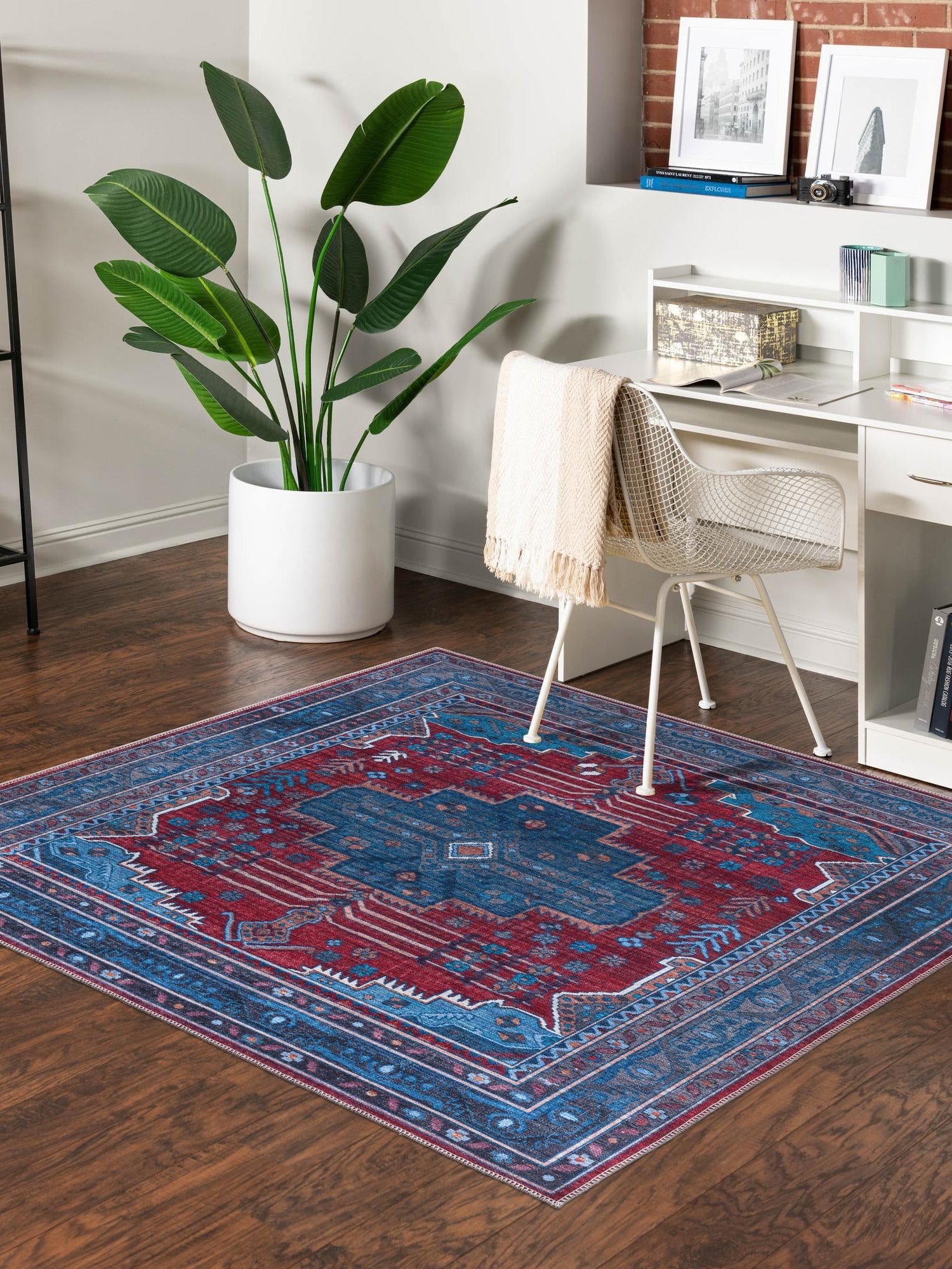 Washable Red and Blue 8' x 8' Mangata Washable Square Area Rug Easy to Clean Stain Resistant & Durable Chenille Traditional Vintage Distressed Carpet for Sale at Rug Engine