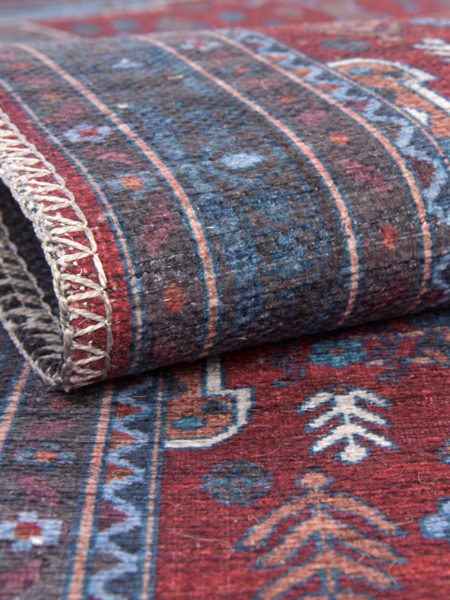 Washable Red and Blue 8' x 8' Mangata Washable Square Area Rug Easy to Clean Stain Resistant & Durable Chenille Traditional Vintage Distressed Carpet for Sale at Rug Engine
