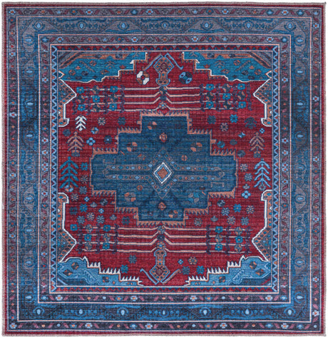 Washable Red and Blue 5' 3 x 5' 3 Mangata Washable Square Area Rug Easy to Clean Stain Resistant & Durable Chenille Traditional Vintage Distressed Carpet for Sale at Rug Engine