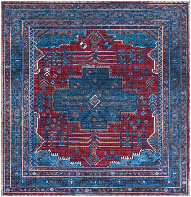 Washable Red and Blue 5' 3 x 5' 3 Mangata Washable Square Area Rug Easy to Clean Stain Resistant & Durable Chenille Traditional Vintage Distressed Carpet for Sale at Rug Engine