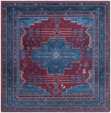Washable Red and Blue 8' x 8' Mangata Washable Square Area Rug Easy to Clean Stain Resistant & Durable Chenille Traditional Vintage Distressed Carpet for Sale at Rug Engine