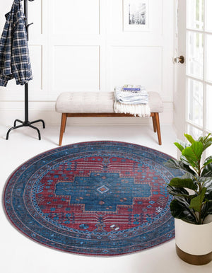 Washable Red and Blue 5' 3 x 5' 3 Mangata Round Area Rug Easy to Clean Stain Resistant & Durable Chenille Traditional Vintage Distressed Carpet for Sale at Rug Engine