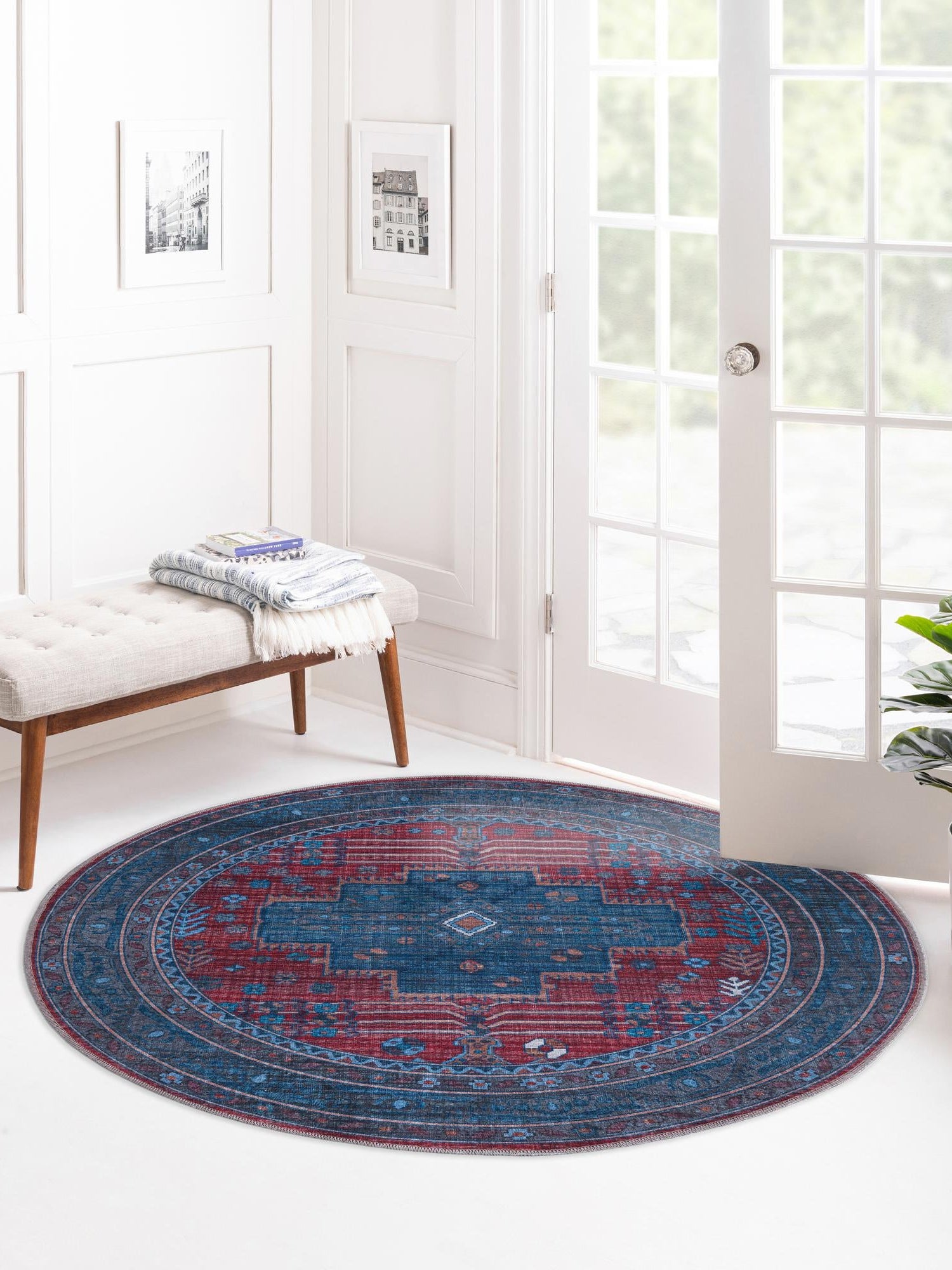 Washable Red and Blue 5' 3 x 5' 3 Mangata Round Area Rug Easy to Clean Stain Resistant & Durable Chenille Traditional Vintage Distressed Carpet for Sale at Rug Engine