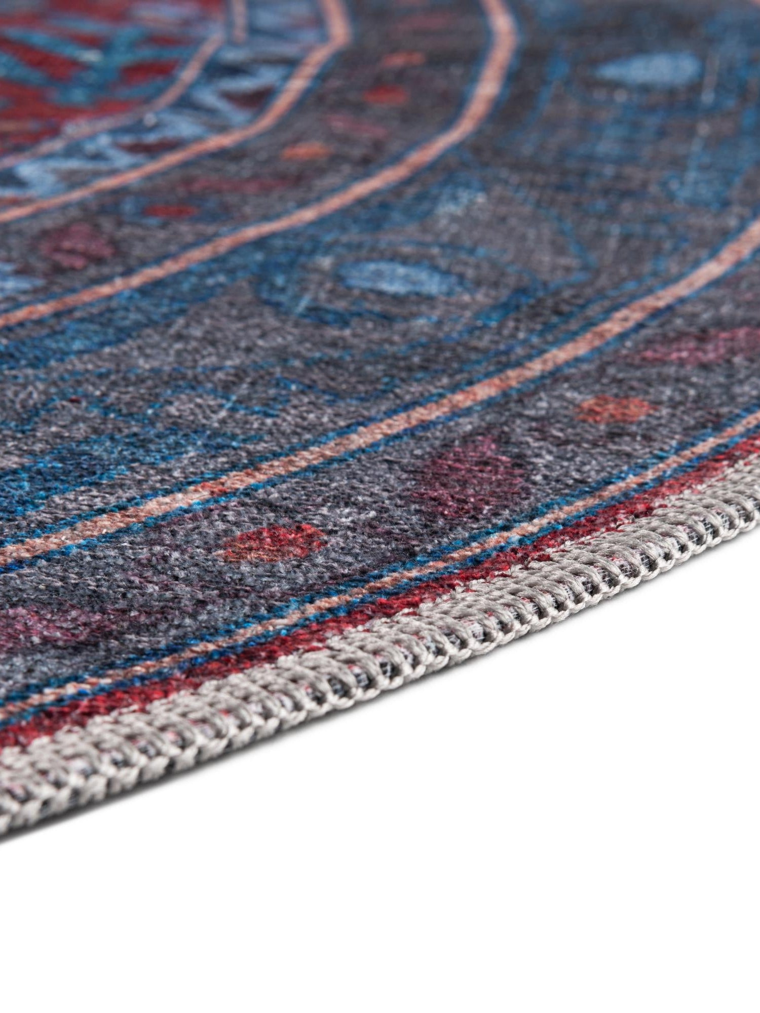 Washable Red and Blue 5' 3 x 5' 3 Mangata Round Area Rug Easy to Clean Stain Resistant & Durable Chenille Traditional Vintage Distressed Carpet for Sale at Rug Engine