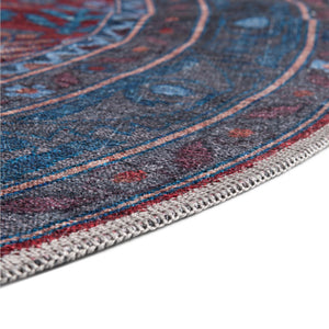 Washable Red and Blue 5' 3 x 5' 3 Mangata Round Area Rug Easy to Clean Stain Resistant & Durable Chenille Traditional Vintage Distressed Carpet for Sale at Rug Engine