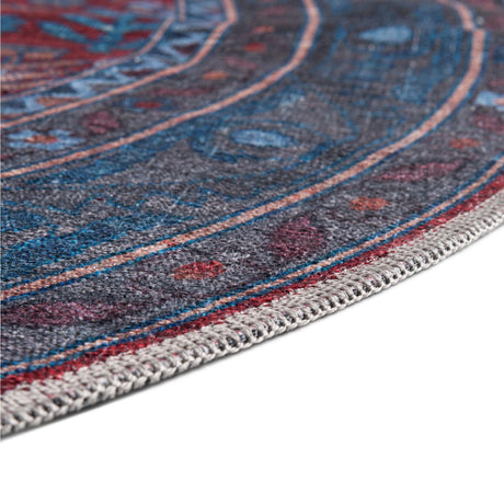 Washable Red and Blue 5' 3 x 5' 3 Mangata Round Area Rug Easy to Clean Stain Resistant & Durable Chenille Traditional Vintage Distressed Carpet for Sale at Rug Engine