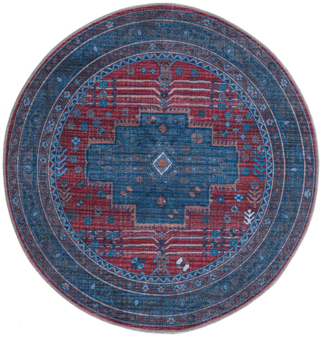 Washable Red and Blue 5' 3 x 5' 3 Mangata Round Area Rug Easy to Clean Stain Resistant & Durable Chenille Traditional Vintage Distressed Carpet for Sale at Rug Engine