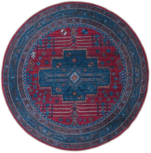 Washable Red and Blue 7' 3 x 7' 3 Mangata Round Area Rug Easy to Clean Stain Resistant & Durable Chenille Traditional Vintage Distressed Carpet for Sale at Rug Engine