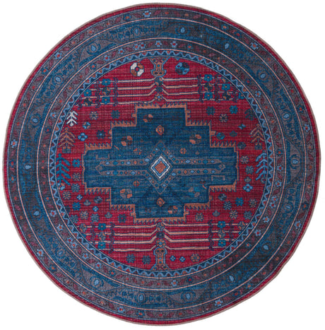Washable Red and Blue 7' 3 x 7' 3 Mangata Round Area Rug Easy to Clean Stain Resistant & Durable Chenille Traditional Vintage Distressed Carpet for Sale at Rug Engine