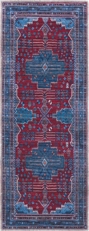 Washable Red and Blue 2' x 5' Mangata Runner Area Rug Easy to Clean Stain Resistant & Durable Chenille Traditional Vintage Distressed Carpet for Sale at Rug Engine